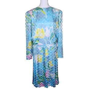 Vintage 80s Pure Argenti Blouson Dress Floral Womens Size 10 Blue Pink Floral